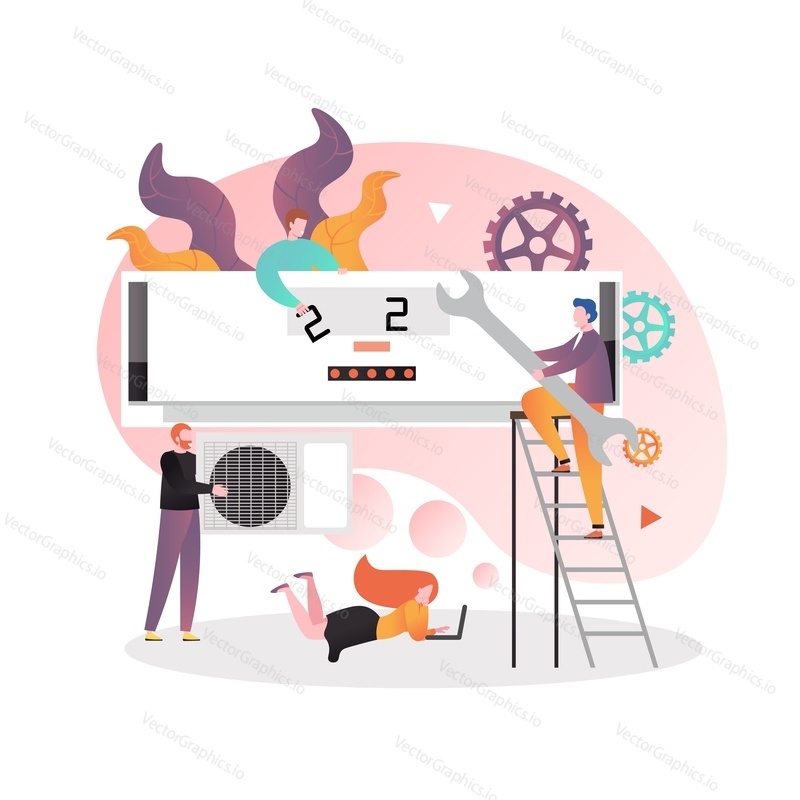 Huge air conditioner and micro characters air-conditioning repairs and maintenance specialists, vector illustration. Air conditioning services and maintenance composition for web banner, website page.