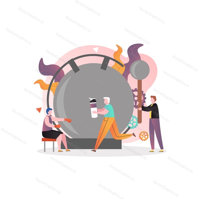 Huge boxing ring gong and micro characters trainer giving water bottle to boxer sitting on chair while taking break between rounds, vector illustration. Boxing sport competition composition tournament