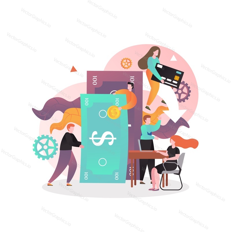 Micro male and female characters bank managers and clients with huge dollar banknotes and credit card, vector illustration. Banking business, money transactions concept for web banner, website page.