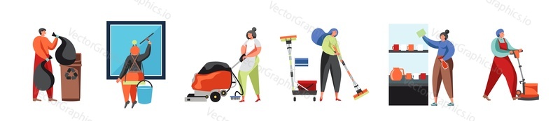 Professional commercial cleaning company staff, vector flat isolated illustration. Floor mopping, polishing and cleaning, window and showcase washing, garbage collection. Janitorial services.