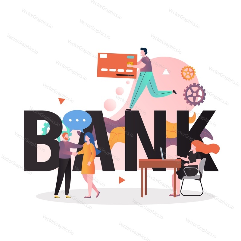 Micro male and female characters bank managers with clients, word bank in huge capital letters, vector illustration. Banking consultation, banking business concept for web banner, website page etc.