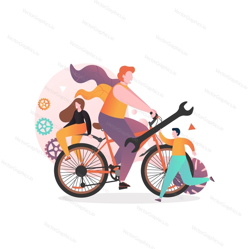 Huge cyclist riding bike and micro characters man giving him big spanner, girl sitting on rear tire fender, vector illustration. Bicycle service, bike repair and maintenance concept for website page.