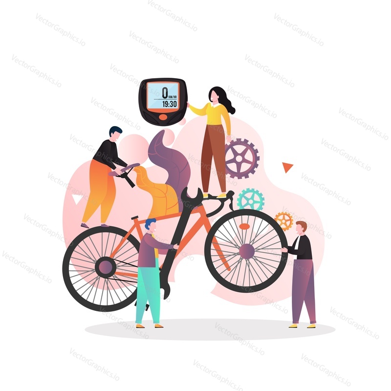 Huge bike and micro male and female characters holding bicycle spare parts, vector illustration. Bicycle repair and maintenance service composition for web banner, website page etc.