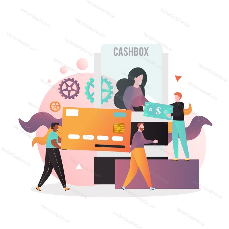 Micro male characters giving dollar banknote to bank cashier, carrying huge credit card to do payments, vector illustration. Bank cashbox composition for web banner, website page etc.