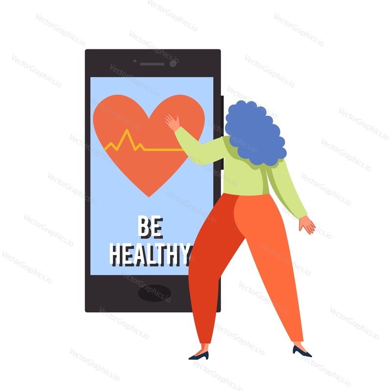 Woman touching red heart with pulse on smartphone screen, vector flat illustration isolated on white background. Medical app, online medicine, telemedicine, mobile healthcare concept.