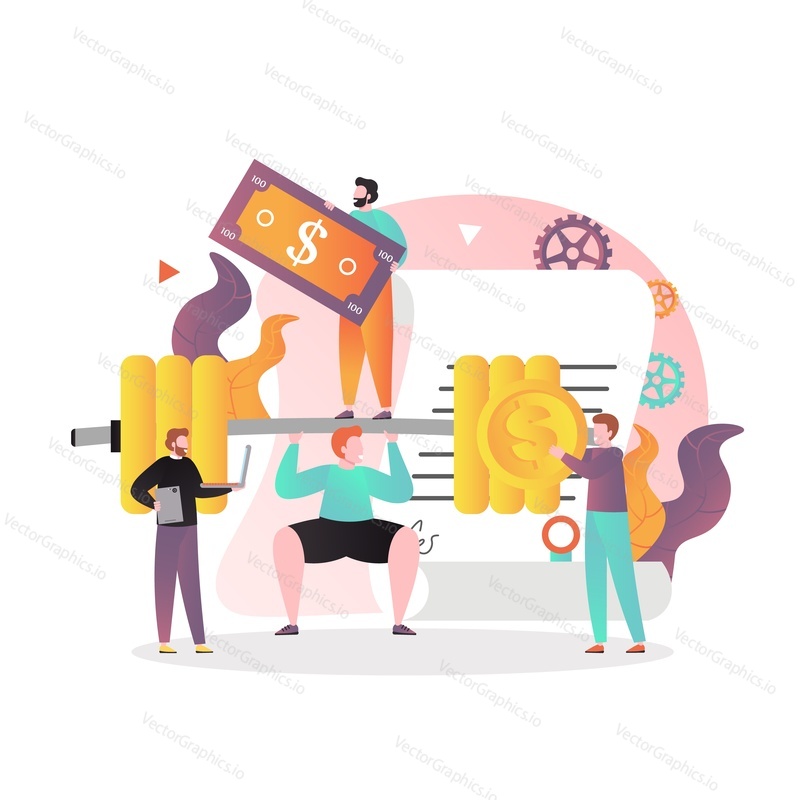 Micro businessman pumping huge dollar coins barbell, vector illustration. Business and finance, make money concept for web banner, website page etc.