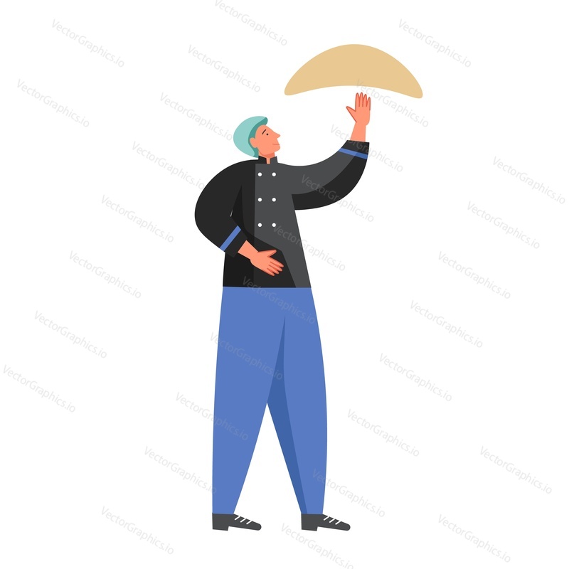 Man chef cook tossing pizza dough, vector flat illustration isolated on white background. Restaurant worker pizzaiolo in uniform cooking pizza.