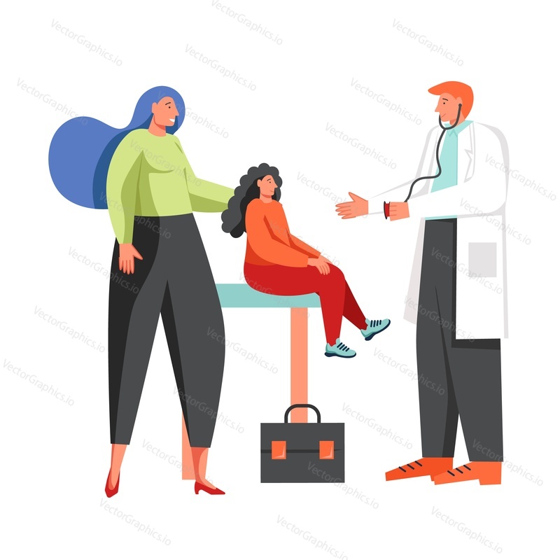 Pediatrician doctor and mother with her daughter sitting on exam table, vector flat illustration isolated on white background. Kids medicine and healthcare, medical checkup, consultation.