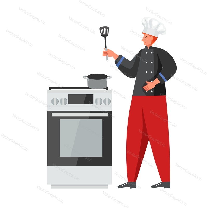 Man chef cook with kitchen scapula preparing tasty food while standing next to cooker, vector flat illustration isolated on white background. Restaurant worker in uniform cooking.