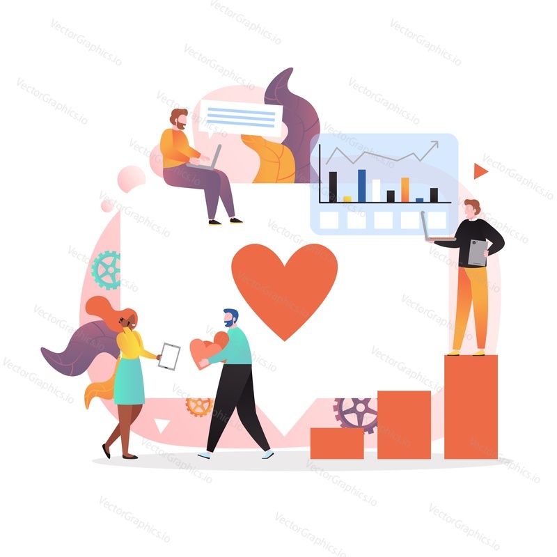 Content marketing vector concept illustration. Huge message bubble with heart, micro characters analysing statistics chart, giving likes, comments etc. Digital content promotion, like farming.