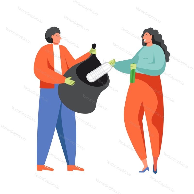 Man and woman volunteers collecting plastic bottles into garbage bag, vector flat illustration isolated on white background. Waste collection and sorting for recycling, street cleaning, volunteering.