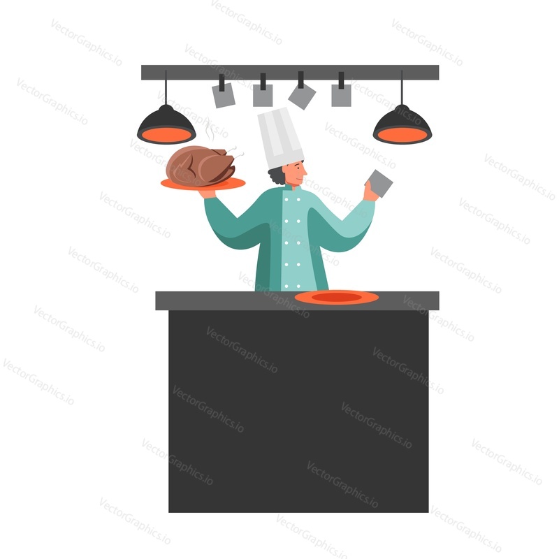 Man chef cook holding plate with roasted chicken, vector flat illustration isolated on white background. Restaurant worker in uniform with order.