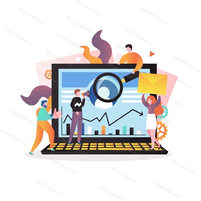Huge laptop, micro business people with envelope, magnifier, thumbs up like symbol, megaphone, vector illustration. Advertising, digital marketing business strategy, email and social media marketing.