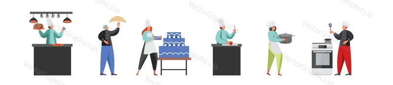 Restaurant team, cartoon characters set, vector flat illustration isolated on white background. Professional chef cook baker confectioner cooking different meals.
