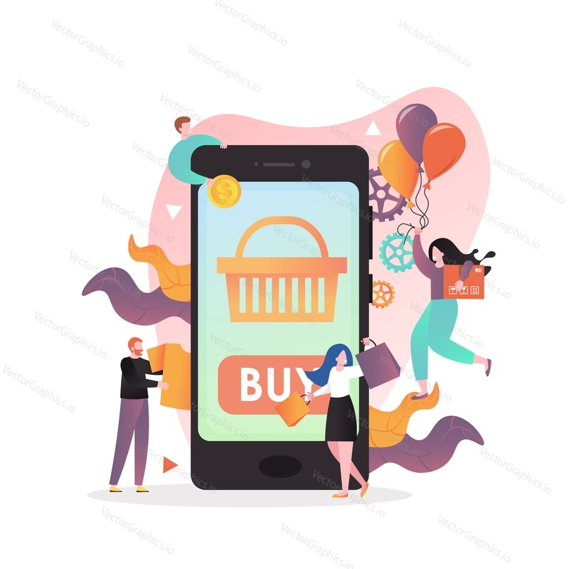 Vector illustration of huge smartphone with shopping basket and buy button on screen and happy micro male and female characters doing shopping online. Mobile shopping concept.
