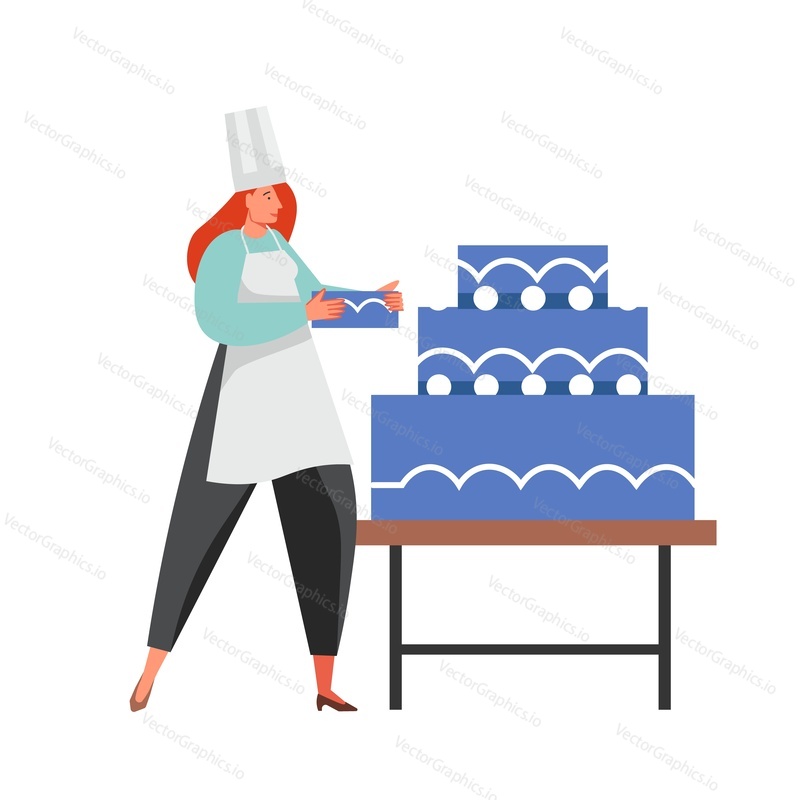 Woman confectioner decorating huge cake, vector flat illustration isolated on white background. Confectionery, bakery shop, restaurant worker in chef cook uniform.