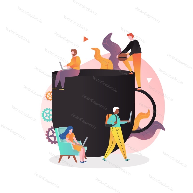 Micro characters working on laptops while sitting in armchair and on huge coffee cup, walking in the street, vector illustration. Freelance, home office composition for web banner, website page etc.