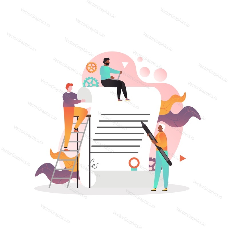 Micro business people signing huge document contract agreement, vector illustration. Successful deal, business and finance concept for web banner, website page etc.