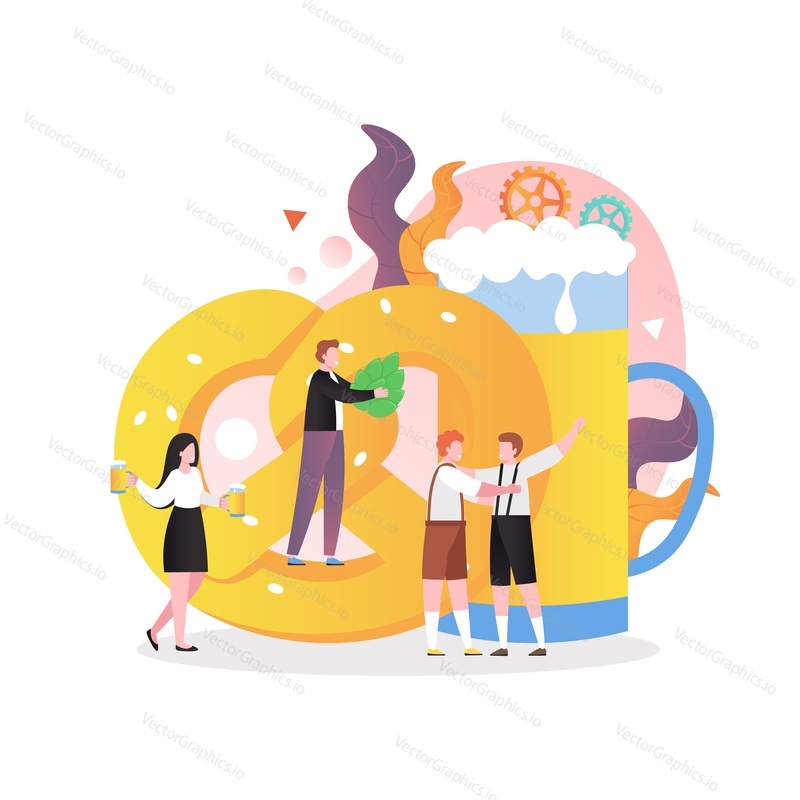 Huge pretzel and beer mug, happy male and female characters talking to each other, holding hops and beer mugs, vector illustration. Oktoberfest celebration composition for web banner, website page etc