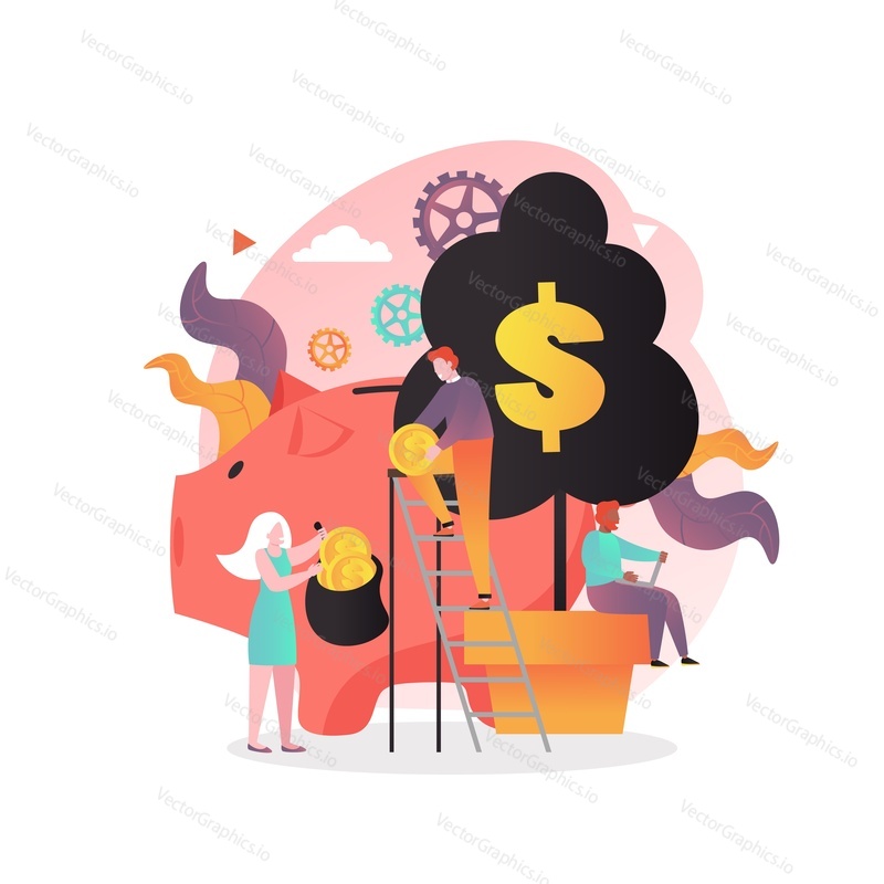 Huge piggy bank, micro business people collecting gold dollar coins from big money tree, vector illustration. Making and saving money, financial success, bank deposit composition for web banner etc.