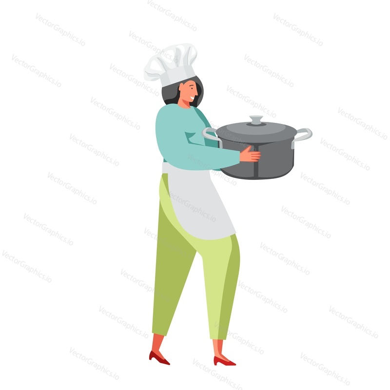 Woman chef cook holding big pan, vector flat illustration isolated on white background. Restaurant worker in uniform cooking.