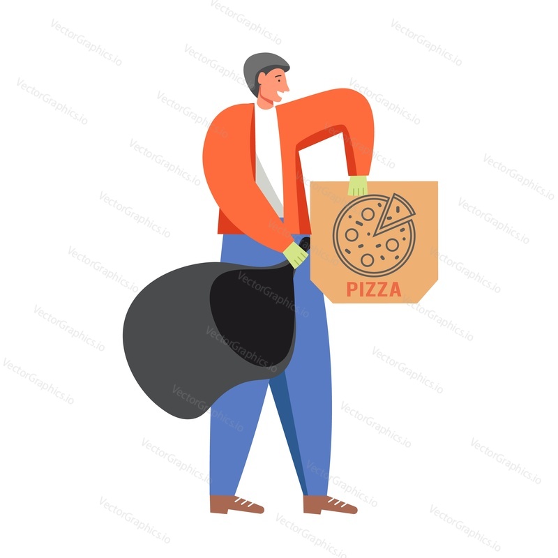 Man volunteer collecting garbage, putting empty pizza box into garbage bag, vector flat illustration isolated on white background. Paper waste collection and sorting for recycling, street cleaning.