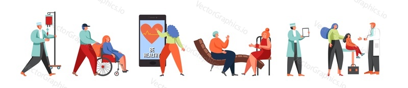 Medical staff doctor practitioner, nurse and patients in hospital or clinic, vector flat isolated illustration. Medicine and health care, medical assistance, consultation, check up, mobile medicine.