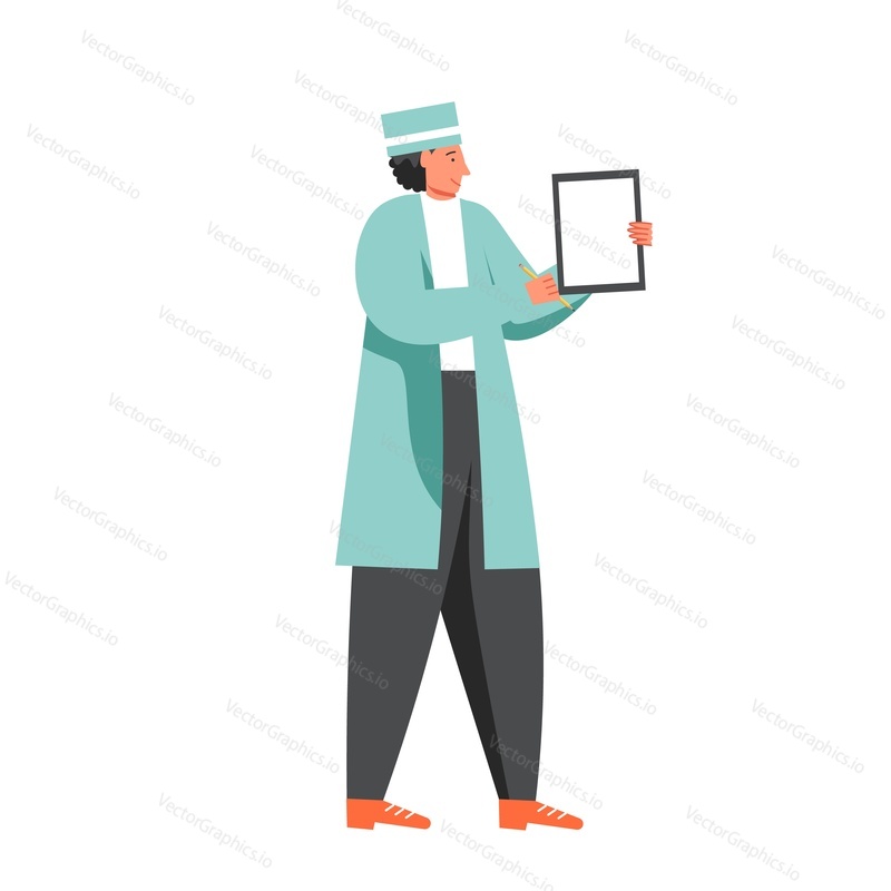 Doctor with clipboard, vector flat illustration isolated on white background. Medicine and healthcare, medical report, patient care.
