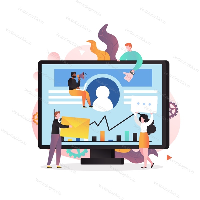 Huge laptop and micro business people characters with envelope, message bubble, thumbs up like symbol, megaphone, vector illustration. Digital viral, social media marketing, email marketing campaign.
