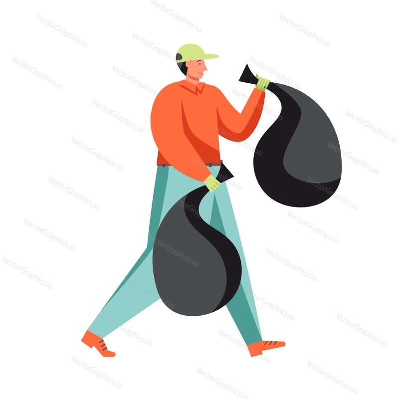 Janitor man carrying garbage bags in both hands, vector flat illustration isolated on white background. Safe and healthy environment in the street, waste collection and street cleaning.