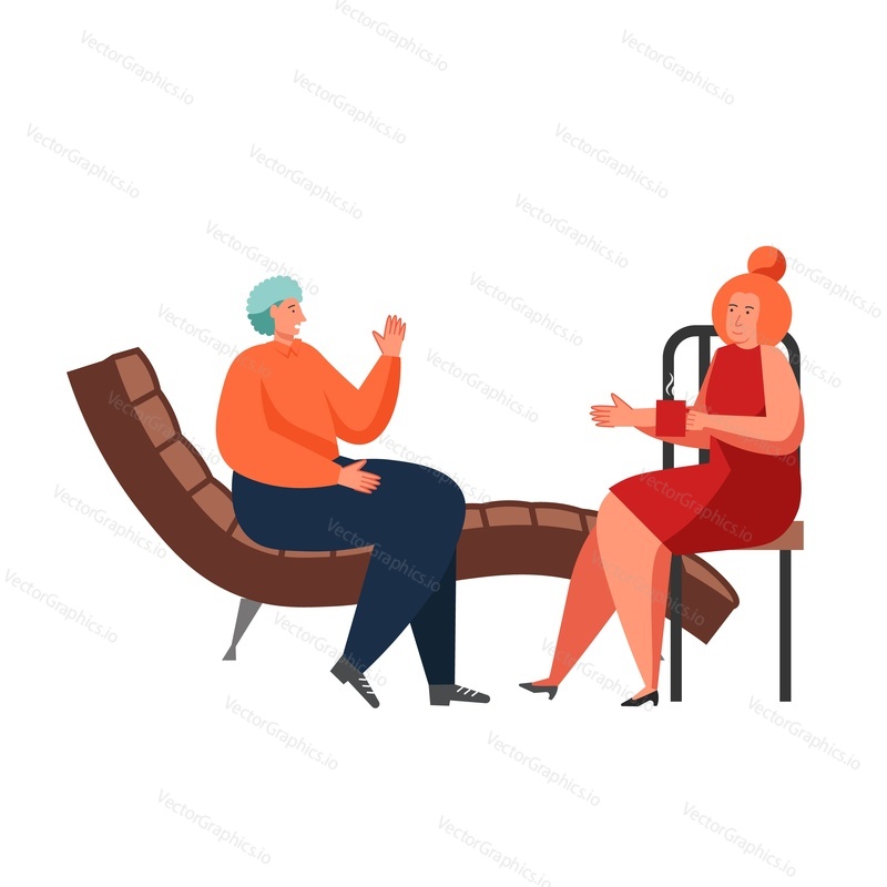 Psychiatrist doctor and patient, vector flat illustration isolated on white background. Medicine and healthcare, mental health, psychological therapy, psychology consultation, psychotherapy session.