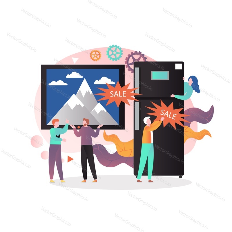 Household equipment sale vector concept illustration. Huge tv set and refrigerator and micro characters buyers and shop assistant.