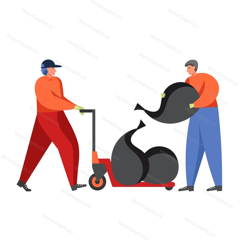 Two men garbage collectors collecting trash bags full of household waste, vector flat illustration isolated on white background. Garbage collection, park and street cleaning.