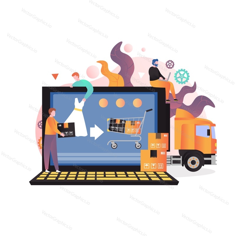 Online shopping, e-commerce vector concept illustration. Micro characters buying clothes from huge laptop internet store. Delivery services, electronic business.