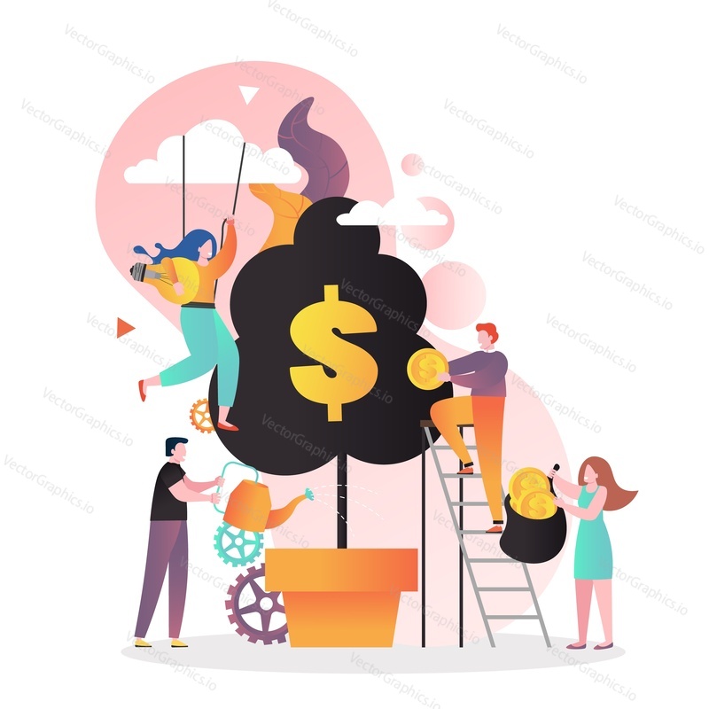 Micro business people growing huge money tree, picking dollar coins from it, holding light bulb vector illustration. Making money, financial profit, investment concept for web banner, website page etc