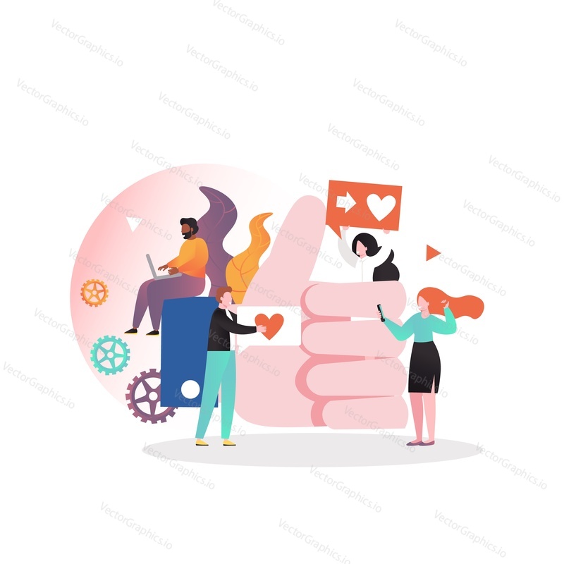 Huge thumbs up, social network like symbol and micro people man giving chat heart like message bubble to girl taking selfie, vector illustration. Social media marketing likes services.