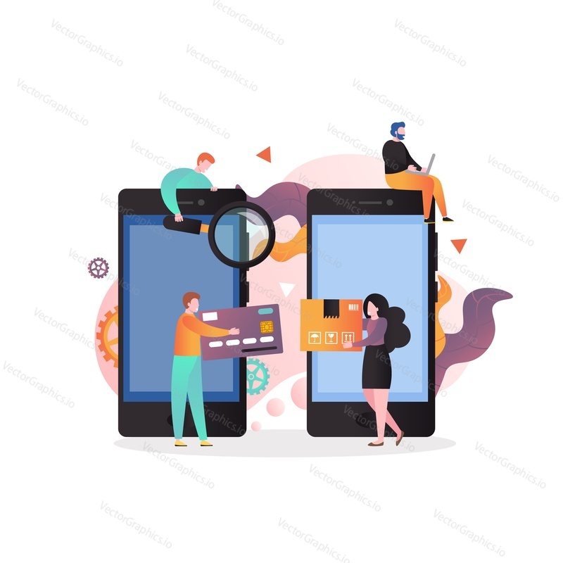 Huge mobile phones and micro male and female characters with magnifier, laptop, credit card and parcel, vector illustration. Mobile shopping, electronic commerce, online store concept.