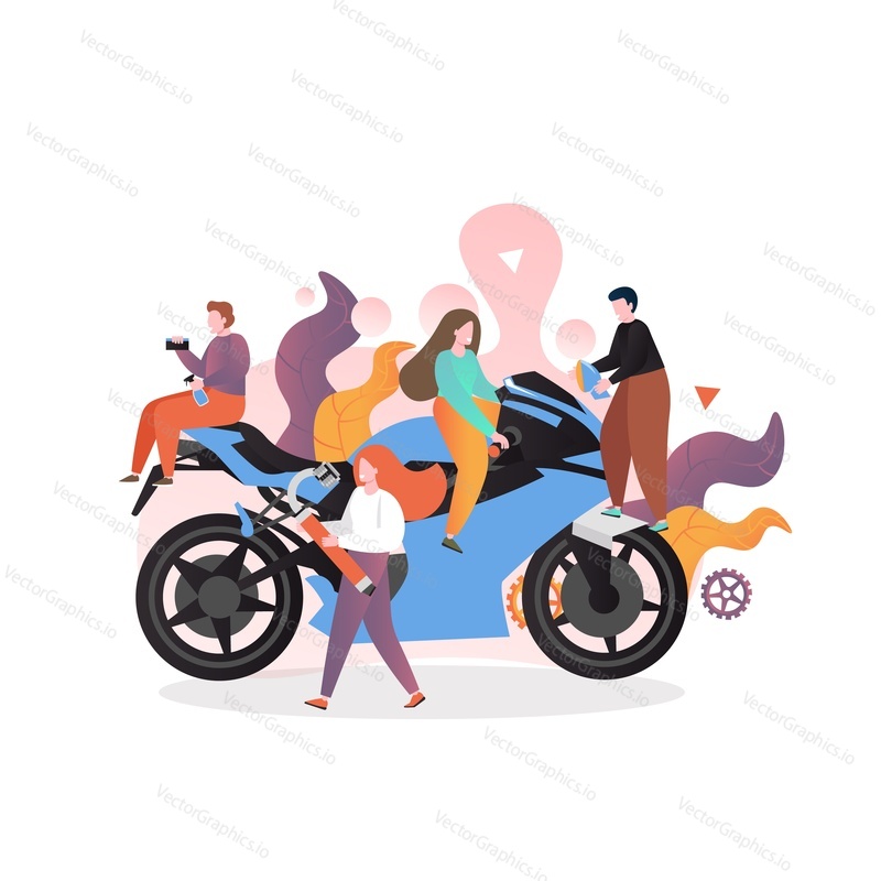 Женщина, сидящая на огромном мотоцикле, и микро-мужские и женские персонажи, держащие запасные части, векторная иллюстрация. Композиция для обслуживания мотоциклов для веб-баннера, страницы веб-сайта и т.д.