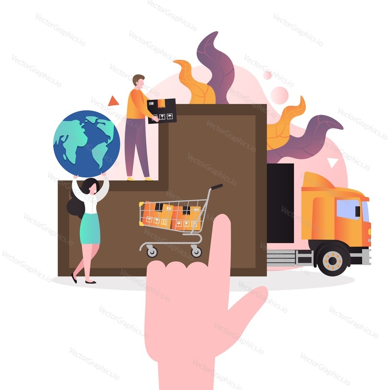 International ecommerce and shipping services, vector illustration. E-commerce and parcel delivery composition with characters, delivery truck for web banner, website page etc.