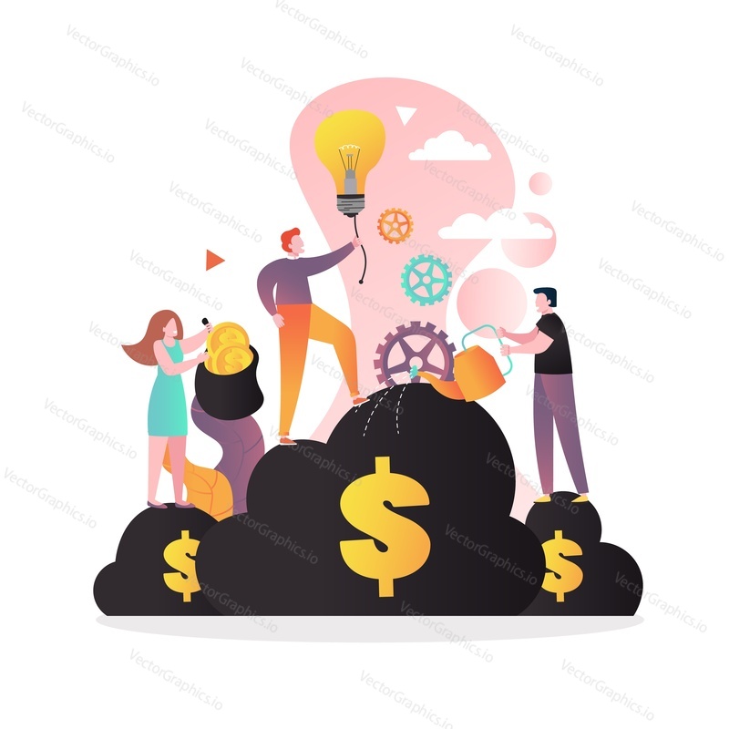 Business people holding light bulb, watering money bush and picking dollars from it, vector illustration. Business growth, making money, investment in new idea, innovation project concept.