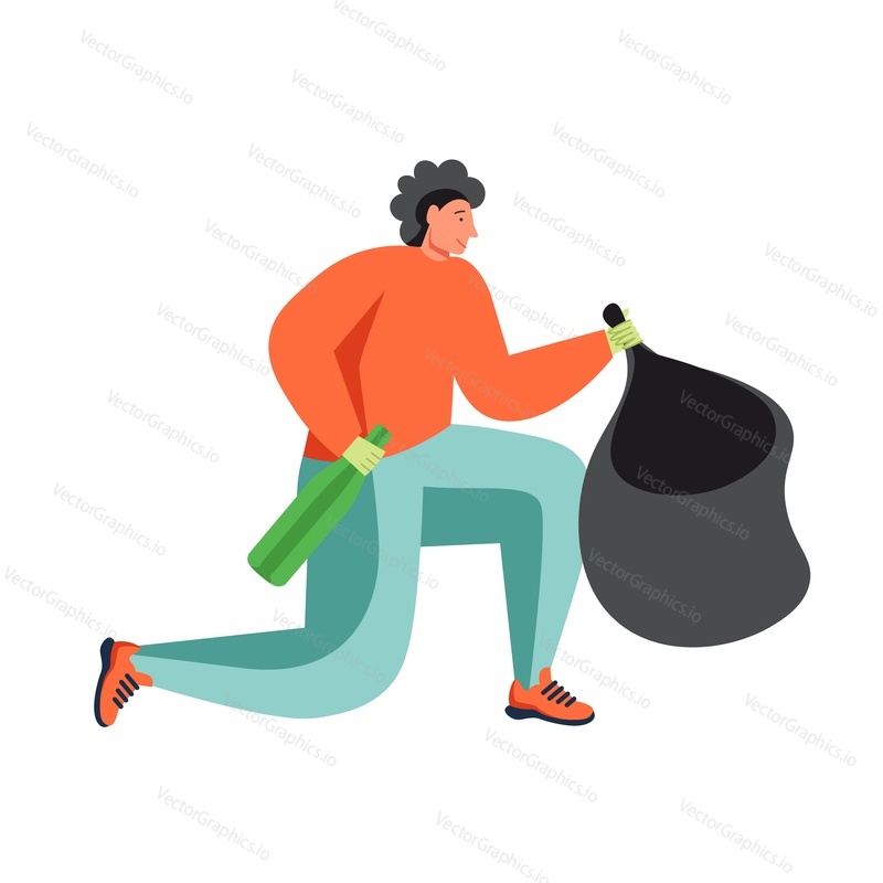 Man volunteer putting glass bottle in garbage bag, vector flat illustration isolated on white background. Waste collection and sorting for recycling, street cleaning, volunteering.