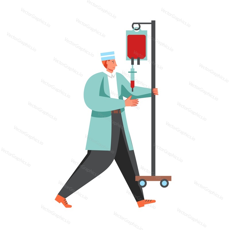 Man in medical uniform, nurse carrying pole with iv drip bag, vector flat illustration isolated on white background. Medicine and healthcare, medical assistance, intravenous fluid therapy.