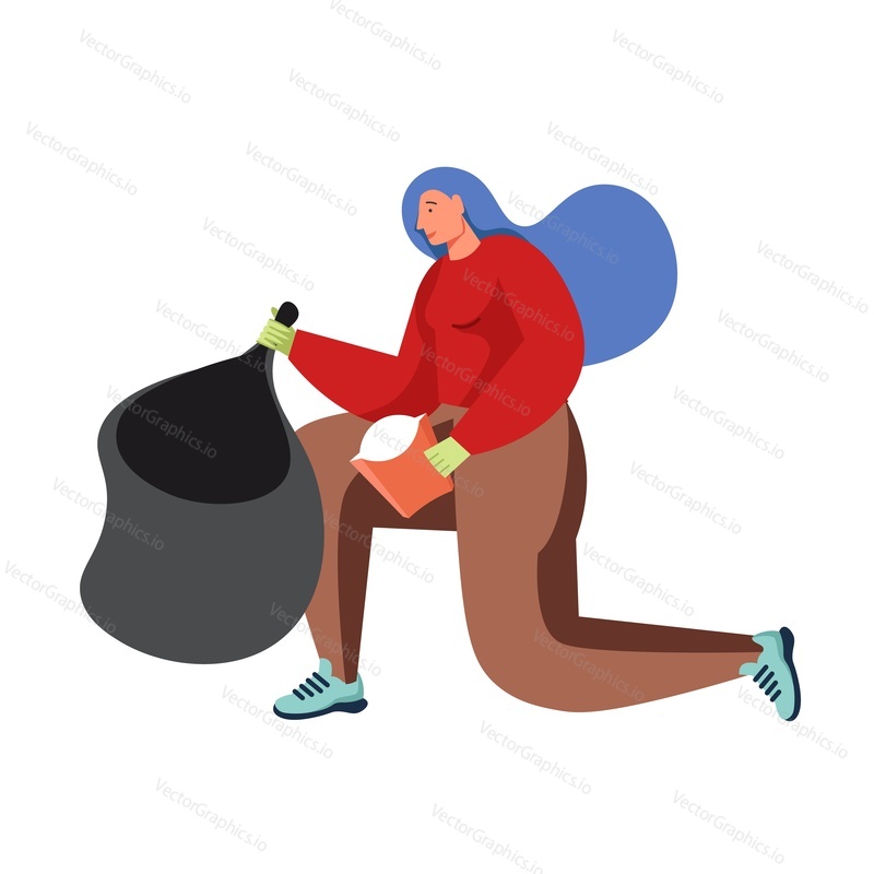 Woman volunteer putting empty cardboard box in garbage bag, vector flat illustration isolated on white background. Waste collection and sorting for recycling, street cleaning, volunteering.