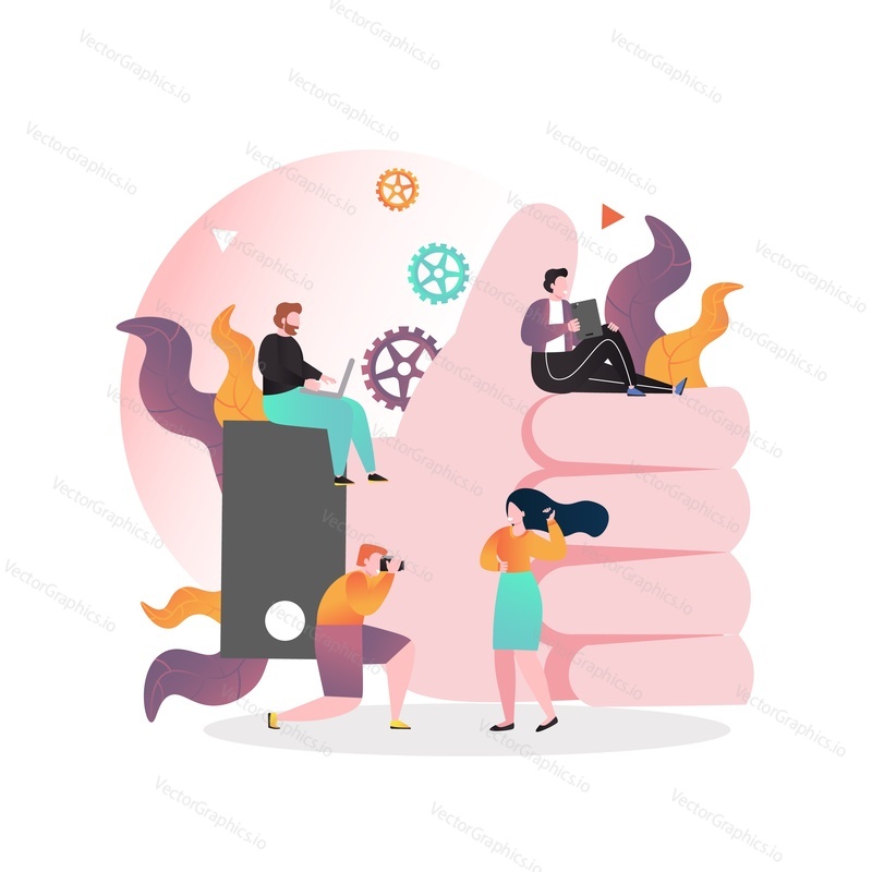 Micro people sitting on huge thumbs up with laptop, tablet, man taking photo of young girl, vector illustration. Social media marketing likes services concept for web banner, website page etc.