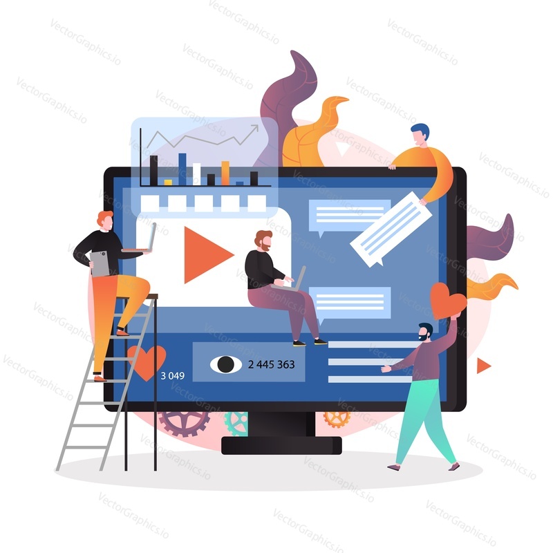 Video content marketing vector concept illustration. Huge computer monitor with content statistics chart, play video symbol on screen and micro people giving likes, comments etc. Digital content promo