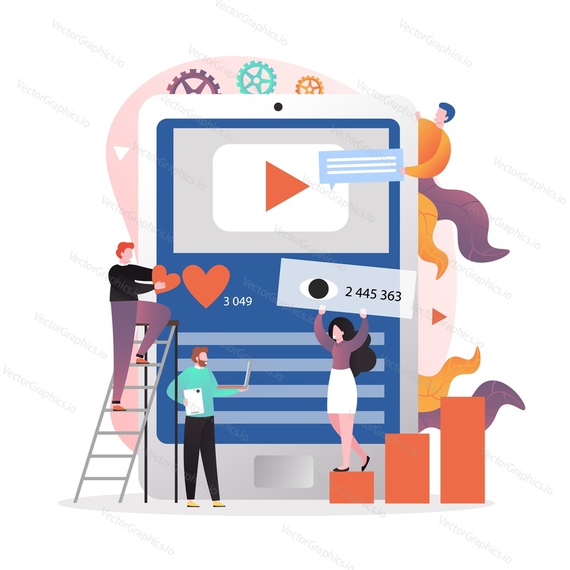 Video content marketing vector concept illustration. Huge tablet with play video symbol on screen and micro people giving likes, comments etc. Digital content promotion, video advertising.