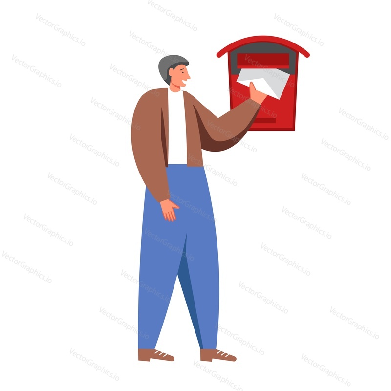 Young man putting letter in red mailbox, vector flat illustration isolated on white background. Postal mail delivery services, sending and receiving correspondence concept for web banner, website page