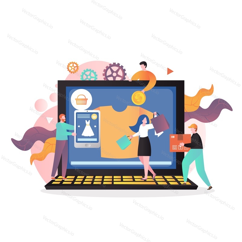 E-commerce and online shopping, vector illustration. Huge laptop and micro male and female characters buying clothes on the internet. Online payment, delivery services composition for website page etc