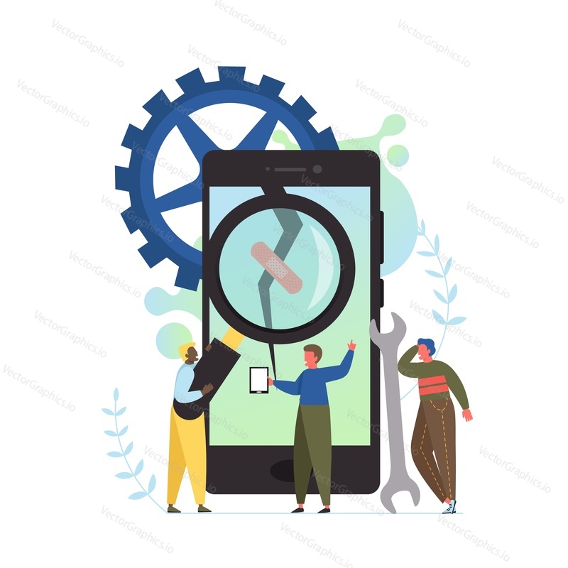 Mobile phone repair service, vector flat style design illustration. Tiny people professional technicians repairing shattered screen of big smartphone. Cell phone fix and maintenance service concept.