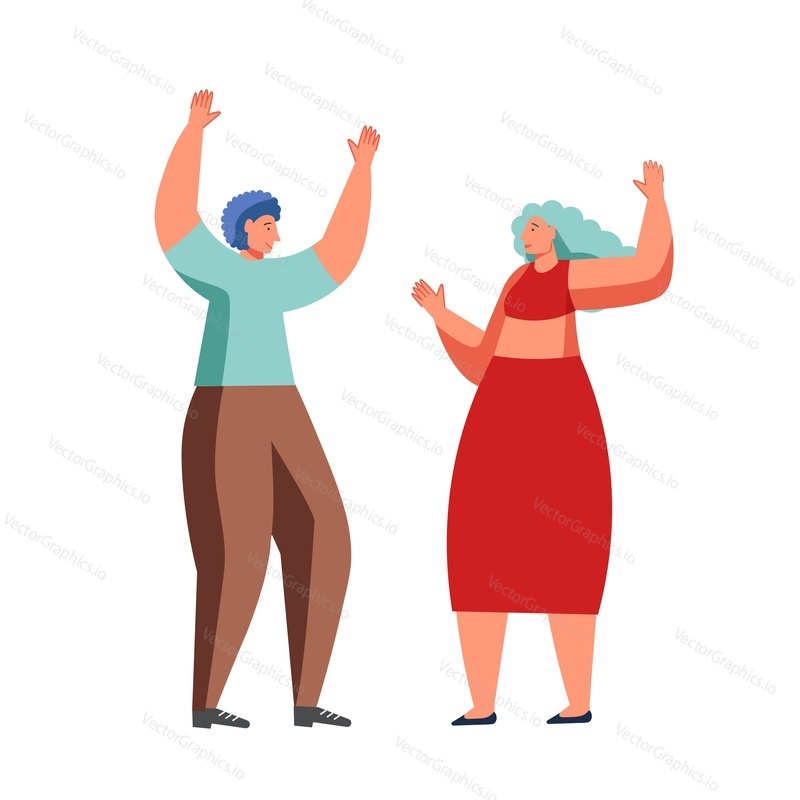 Happy couple dancing, vector flat illustration isolated on white background. Happy birthday anniversary corporate party or other event celebration.